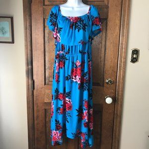 DuJour Blue w/Red & Pink Flowers Elastic Neckline w/Flounce Midi Dress 1X